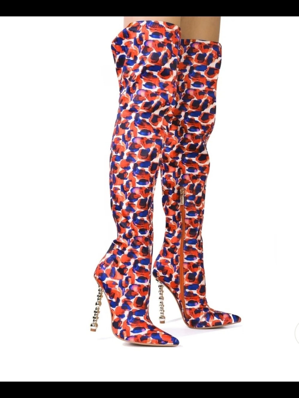 Bold Red & Blue Patterned Over-the-Knee Stiletto Boots